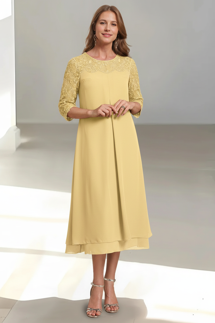 A-Line/Princess Scoop 3/4 Sleeves Tea-Length Mother of the Bride Dresses with Appliques & Sequins