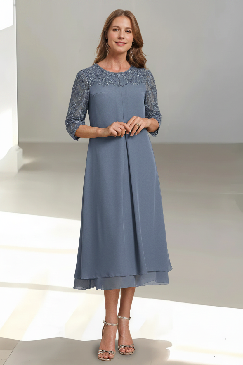 A-Line/Princess Scoop 3/4 Sleeves Tea-Length Mother of the Bride Dresses with Appliques & Sequins