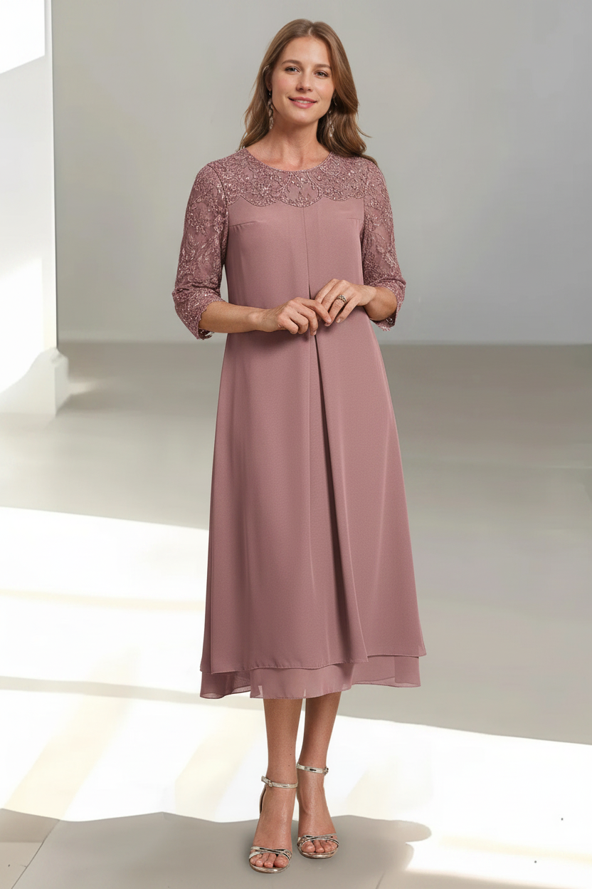 A-Line/Princess Scoop 3/4 Sleeves Tea-Length Mother of the Bride Dresses with Appliques & Sequins