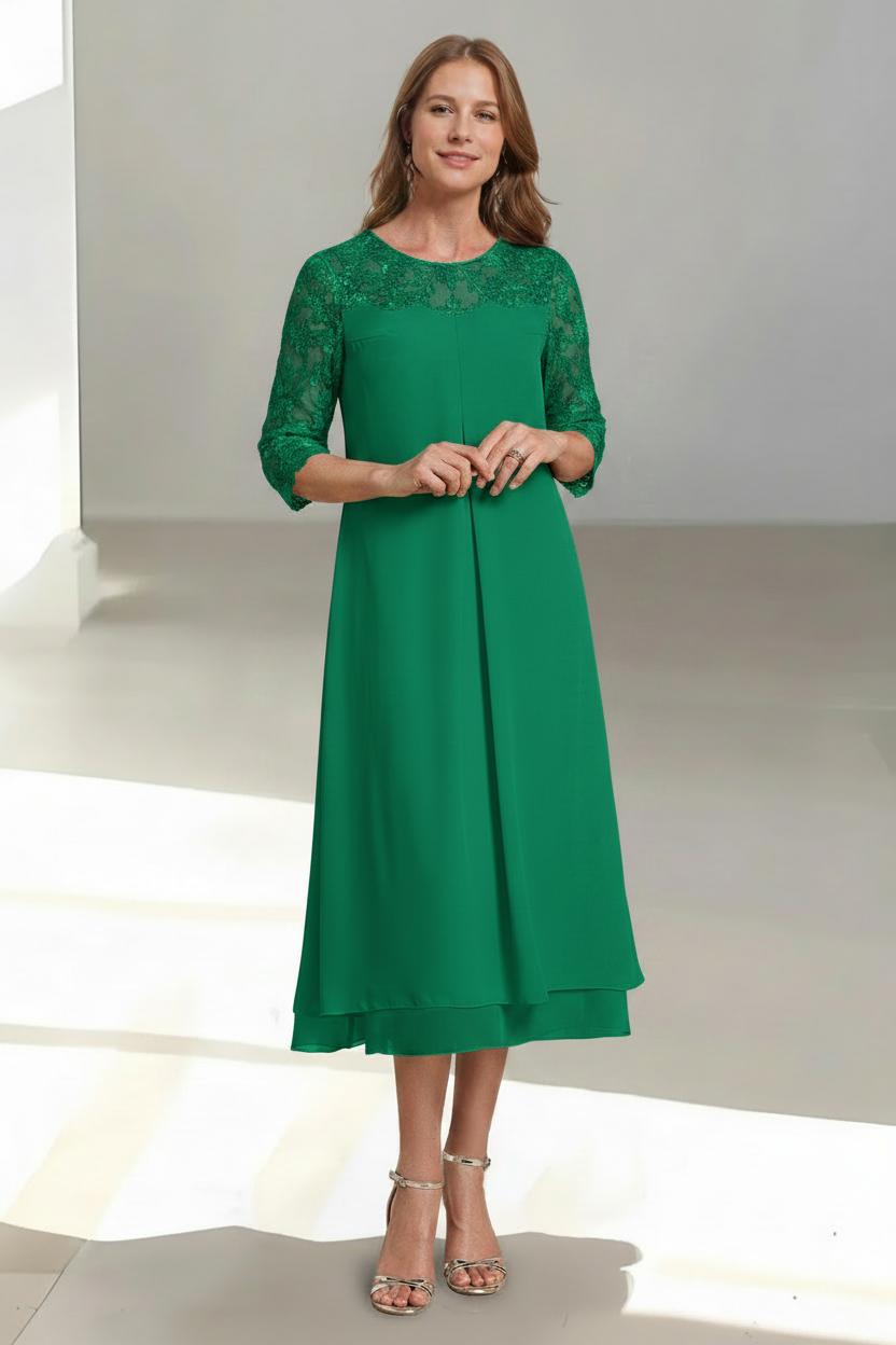 A-Line/Princess Scoop 3/4 Sleeves Tea-Length Mother of the Bride Dresses with Appliques & Sequins