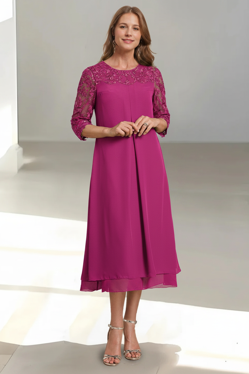 A-Line/Princess Scoop 3/4 Sleeves Tea-Length Mother of the Bride Dresses with Appliques & Sequins