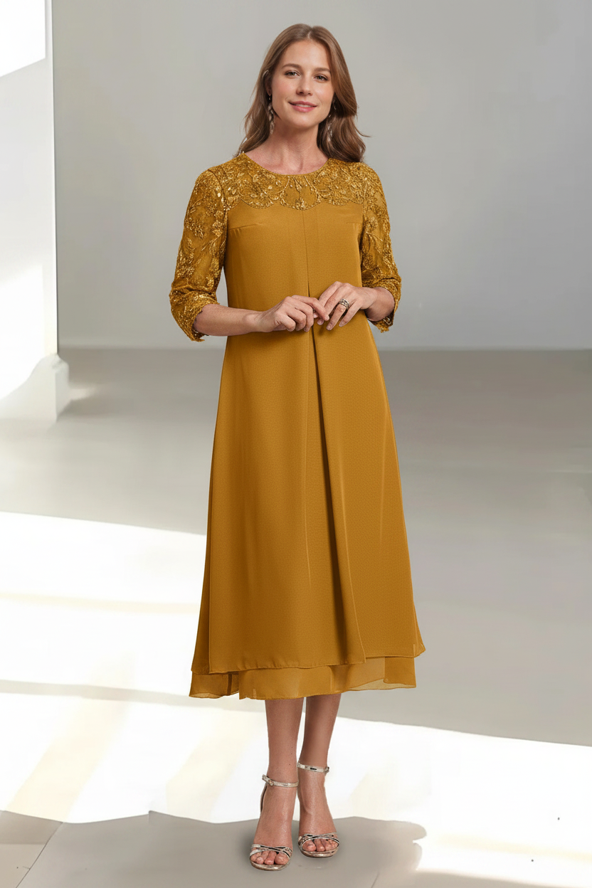 A-Line/Princess Scoop 3/4 Sleeves Tea-Length Mother of the Bride Dresses with Appliques & Sequins