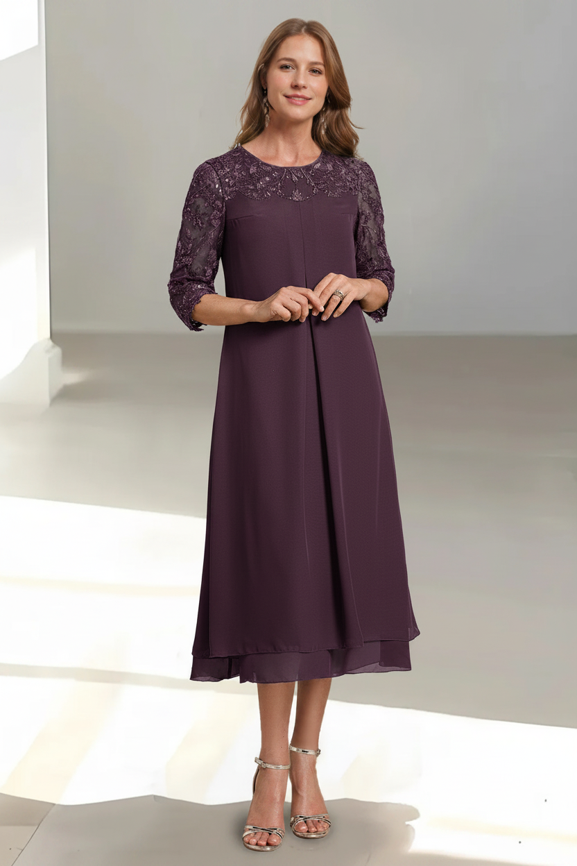 A-Line/Princess Scoop 3/4 Sleeves Tea-Length Mother of the Bride Dresses with Appliques & Sequins