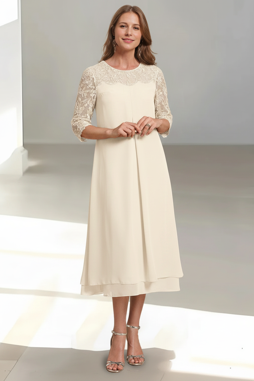 A-Line/Princess Scoop 3/4 Sleeves Tea-Length Mother of the Bride Dresses with Appliques & Sequins