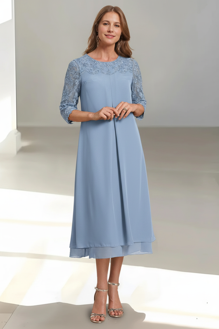 A-Line/Princess Scoop 3/4 Sleeves Tea-Length Mother of the Bride Dresses with Appliques & Sequins