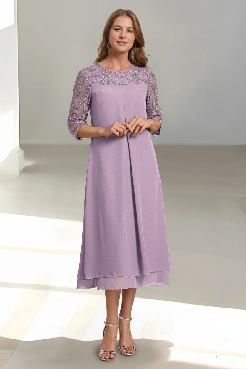 A-Line/Princess Scoop 3/4 Sleeves Tea-Length Mother of the Bride Dresses with Appliques & Sequins
