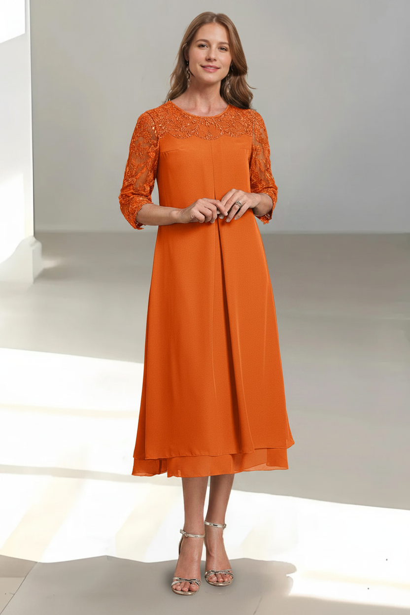 A-Line/Princess Scoop 3/4 Sleeves Tea-Length Mother of the Bride Dresses with Appliques & Sequins
