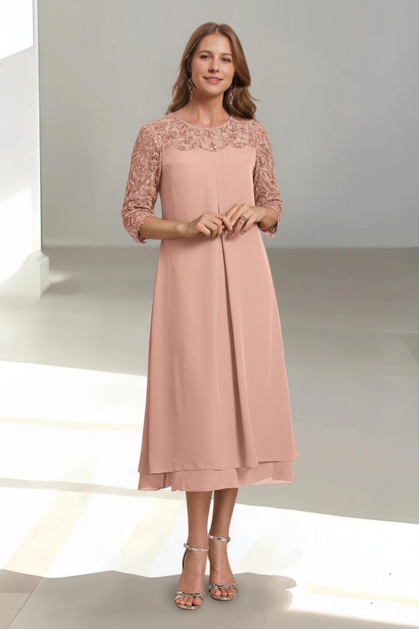 A-Line/Princess Scoop 3/4 Sleeves Tea-Length Mother of the Bride Dresses with Appliques & Sequins