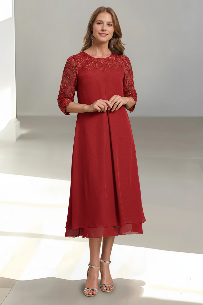 A-Line/Princess Scoop 3/4 Sleeves Tea-Length Mother of the Bride Dresses with Appliques & Sequins