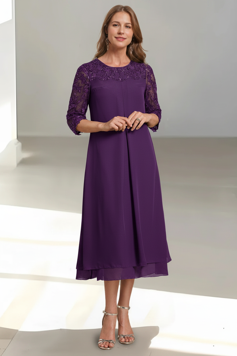 A-Line/Princess Scoop 3/4 Sleeves Tea-Length Mother of the Bride Dresses with Appliques & Sequins