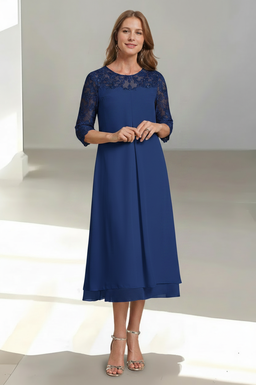 A-Line/Princess Scoop 3/4 Sleeves Tea-Length Mother of the Bride Dresses with Appliques & Sequins