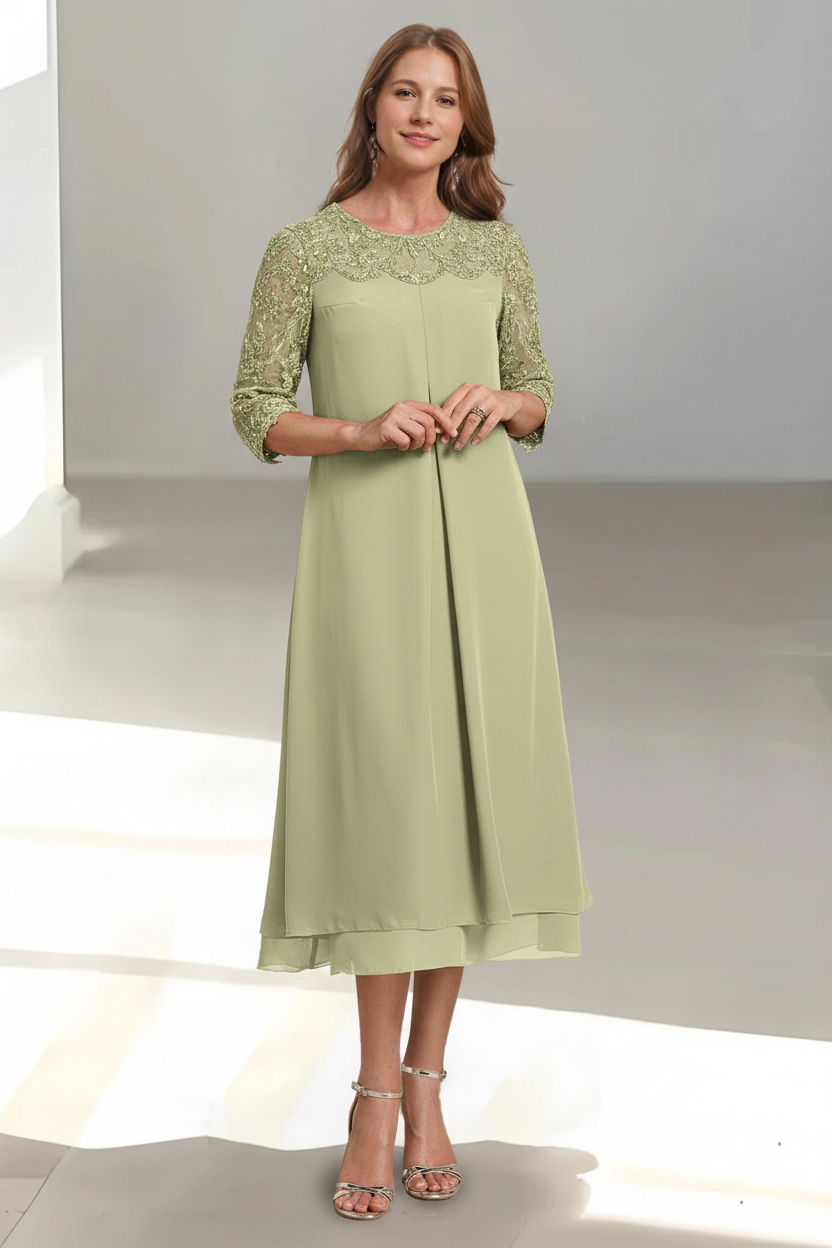 A-Line/Princess Scoop 3/4 Sleeves Tea-Length Mother of the Bride Dresses with Appliques & Sequins