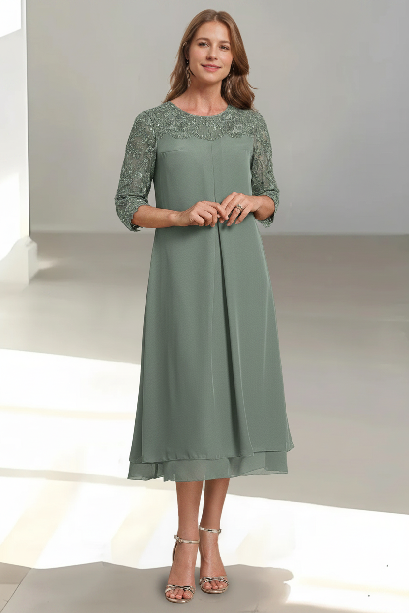 A-Line/Princess Scoop 3/4 Sleeves Tea-Length Mother of the Bride Dresses with Appliques & Sequins