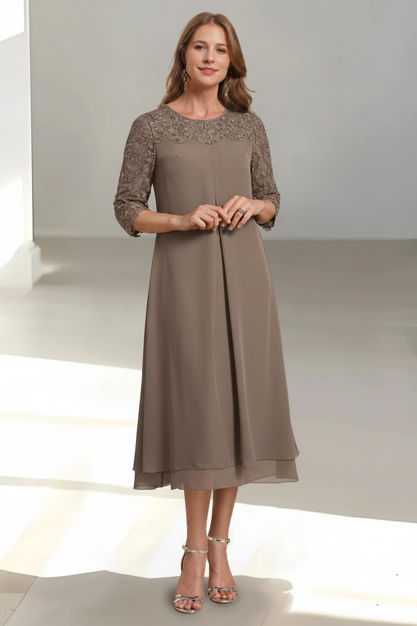 A-Line/Princess Scoop 3/4 Sleeves Tea-Length Mother of the Bride Dresses with Appliques & Sequins
