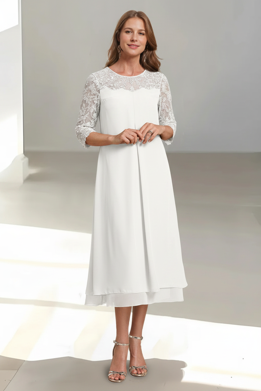 A-Line/Princess Scoop 3/4 Sleeves Tea-Length Mother of the Bride Dresses with Appliques & Sequins