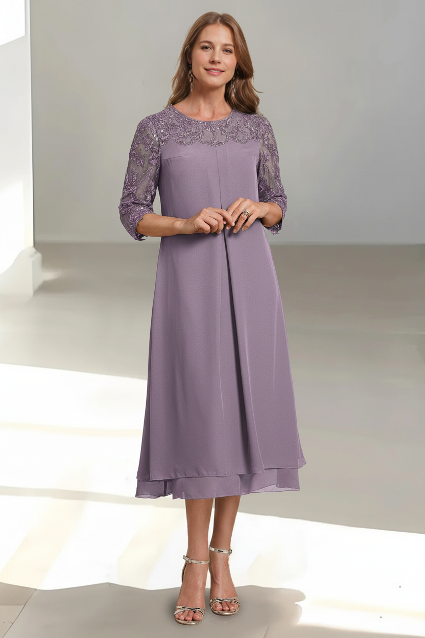A-Line/Princess Scoop 3/4 Sleeves Tea-Length Mother of the Bride Dresses with Appliques & Sequins