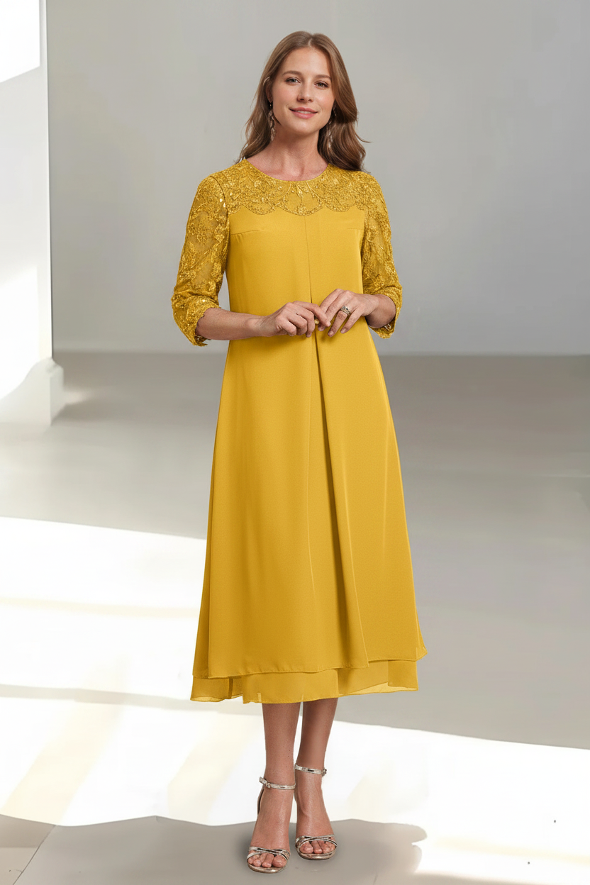 A-Line/Princess Scoop 3/4 Sleeves Tea-Length Mother of the Bride Dresses with Appliques & Sequins