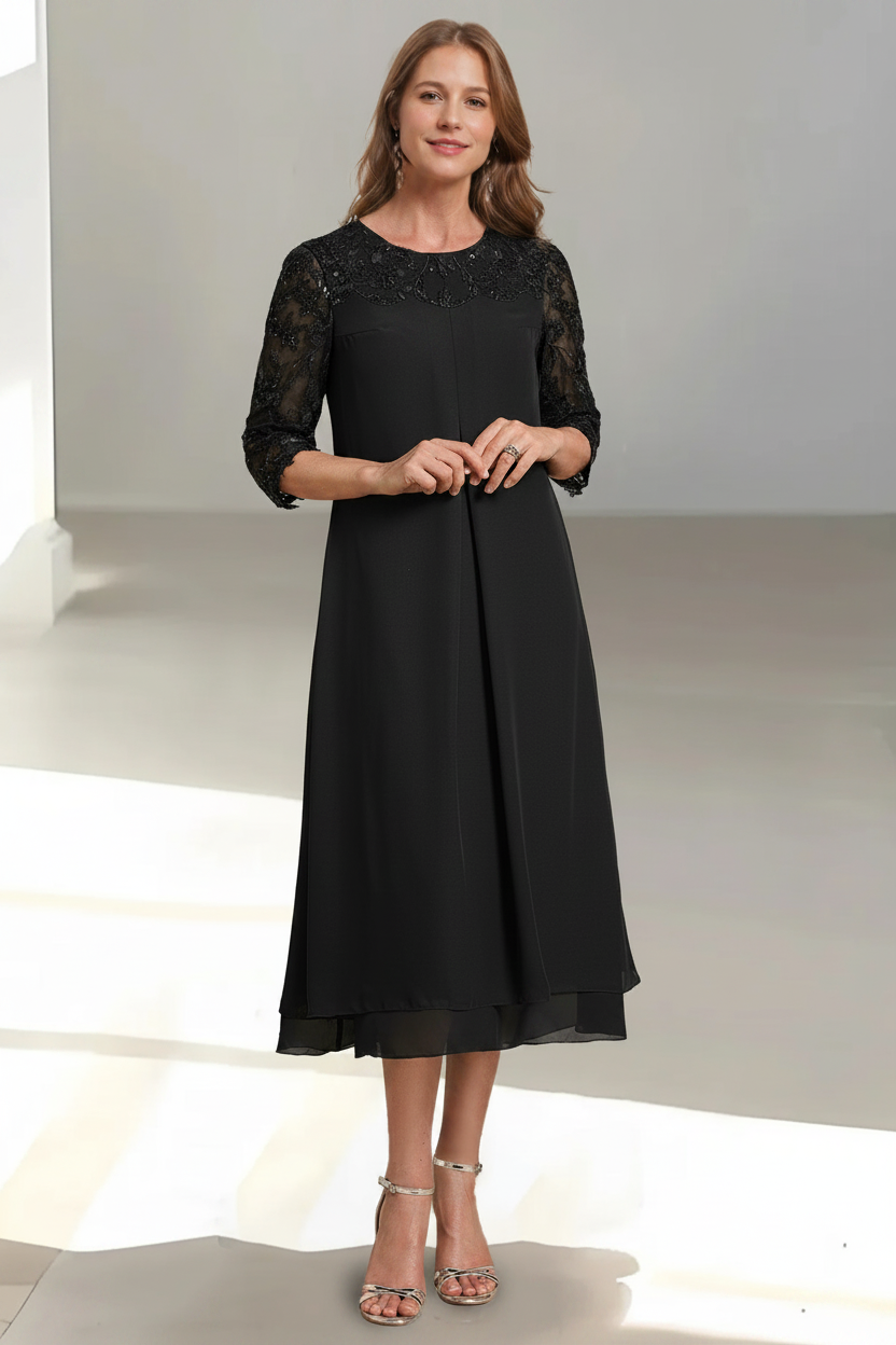 A-Line/Princess Scoop 3/4 Sleeves Tea-Length Mother of the Bride Dresses with Appliques & Sequins