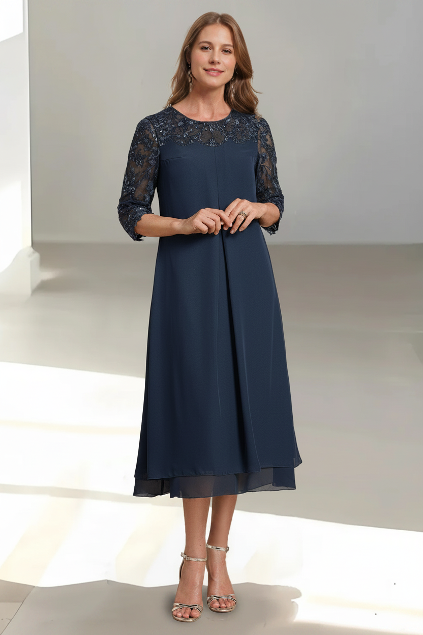A-Line/Princess Scoop 3/4 Sleeves Tea-Length Mother of the Bride Dresses with Appliques & Sequins