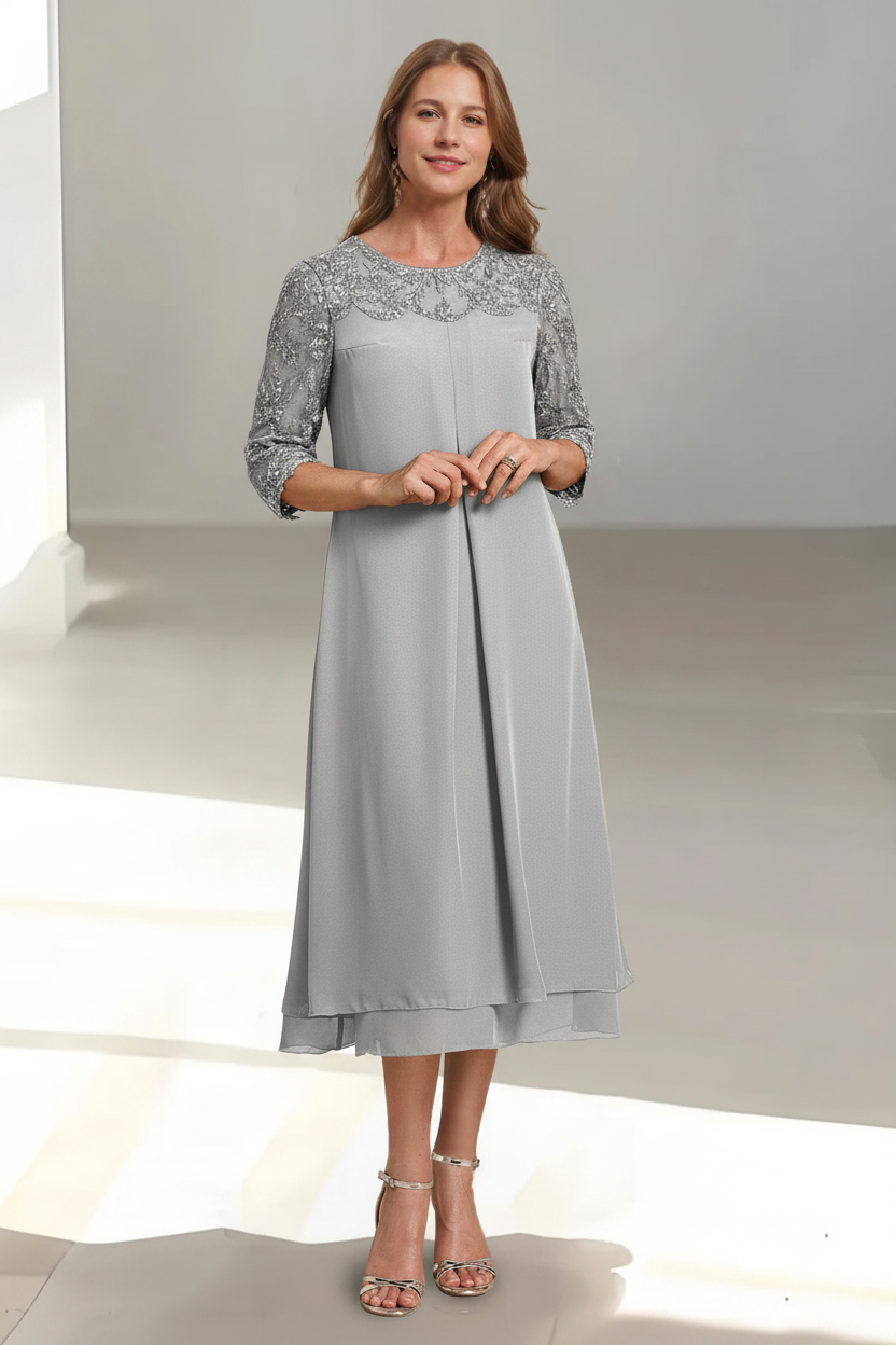 A-Line/Princess Scoop 3/4 Sleeves Tea-Length Mother of the Bride Dresses with Appliques & Sequins