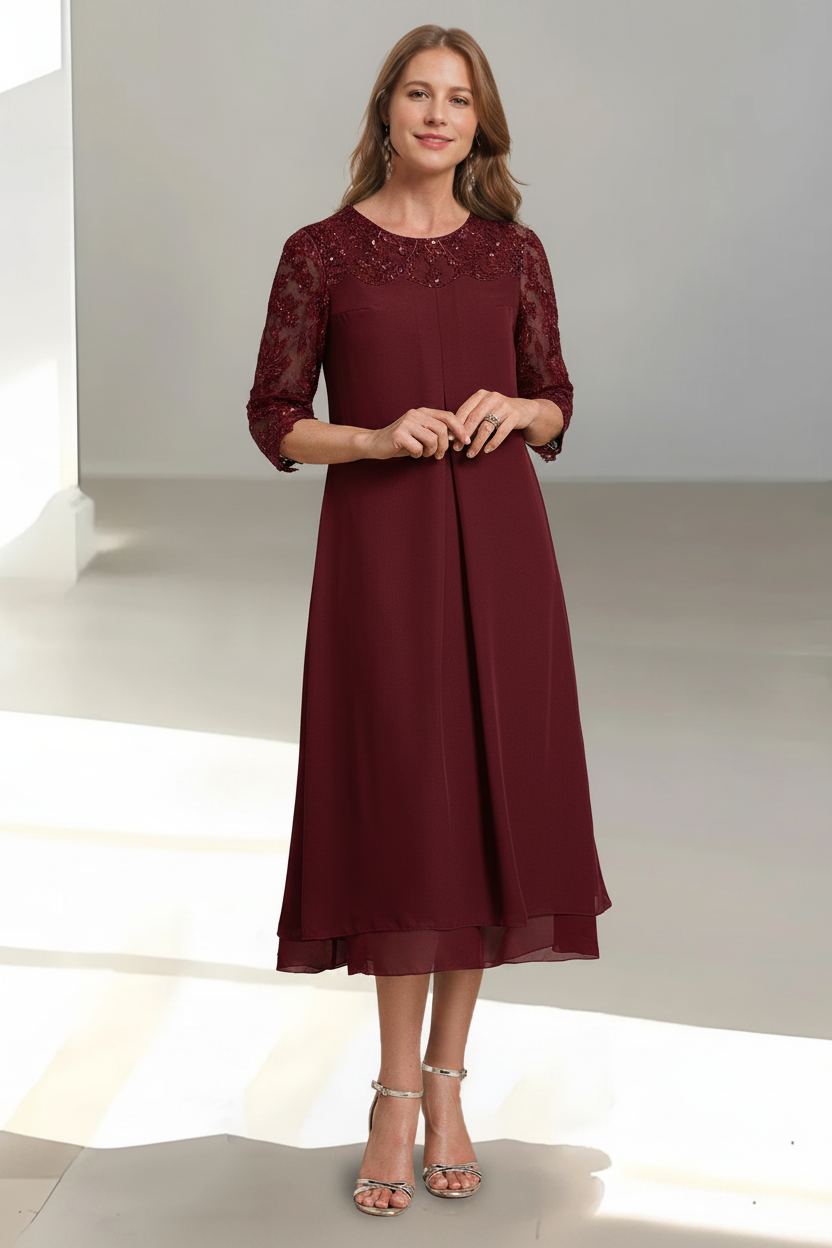 A-Line/Princess Scoop 3/4 Sleeves Tea-Length Mother of the Bride Dresses with Appliques & Sequins