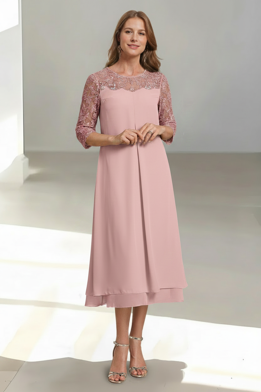 A-Line/Princess Scoop 3/4 Sleeves Tea-Length Mother of the Bride Dresses with Appliques & Sequins