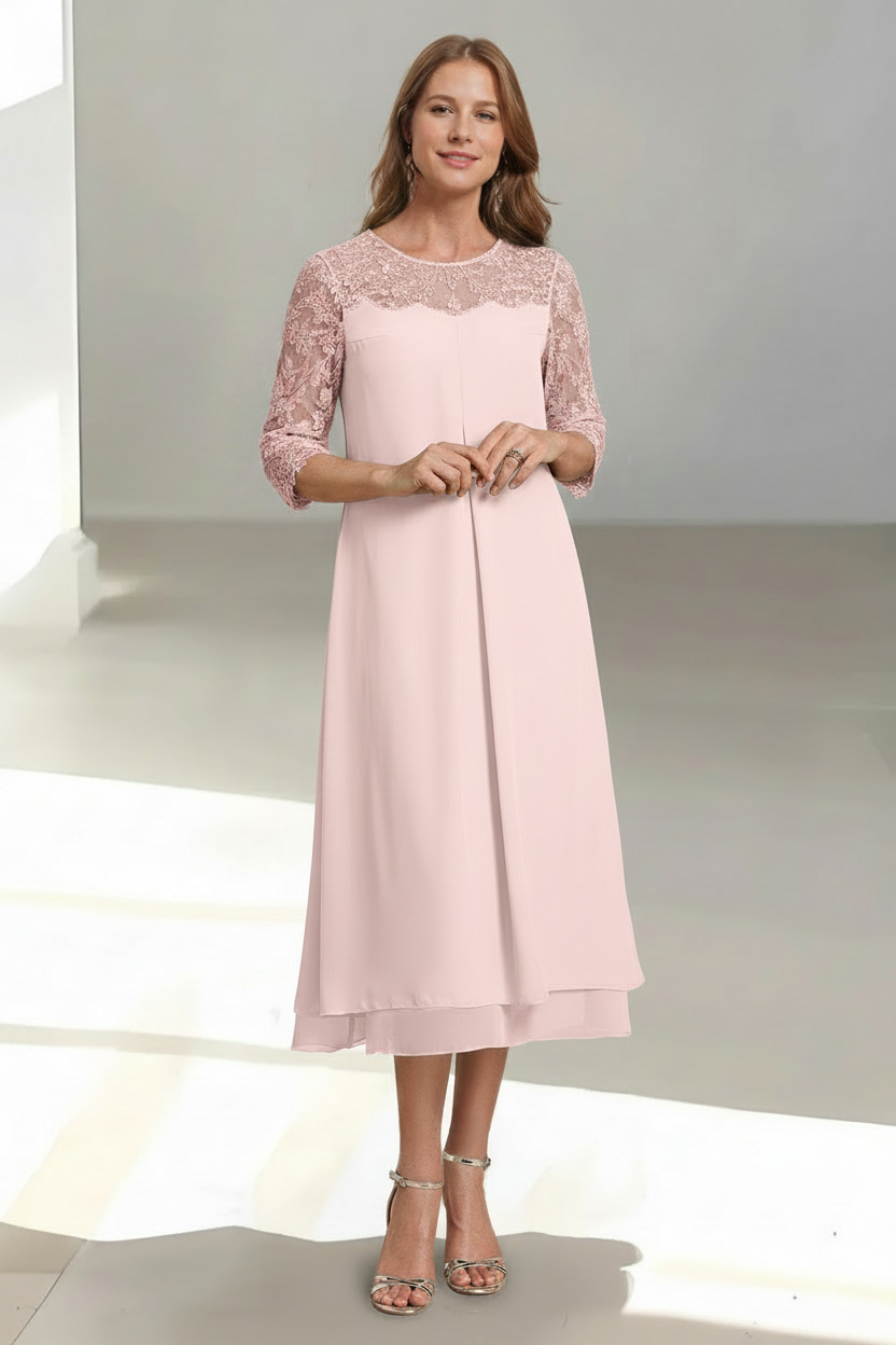A-Line/Princess Scoop 3/4 Sleeves Tea-Length Mother of the Bride Dresses with Appliques & Sequins