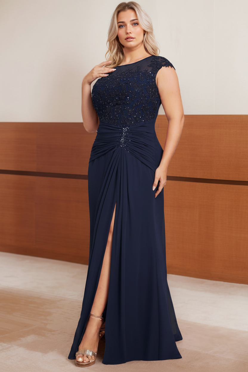 A-Line/Princess Scoop Cap sleeves Floor-Length Plus Size Mother of the Bride Dresses with Beading, Pleated & Sequins