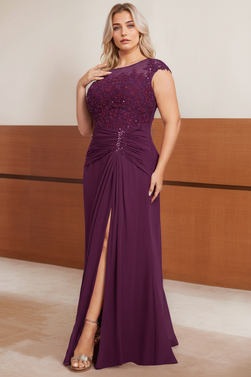A-Line/Princess Scoop Cap sleeves Floor-Length Plus Size Mother of the Bride Dresses with Beading, Pleated & Sequins
