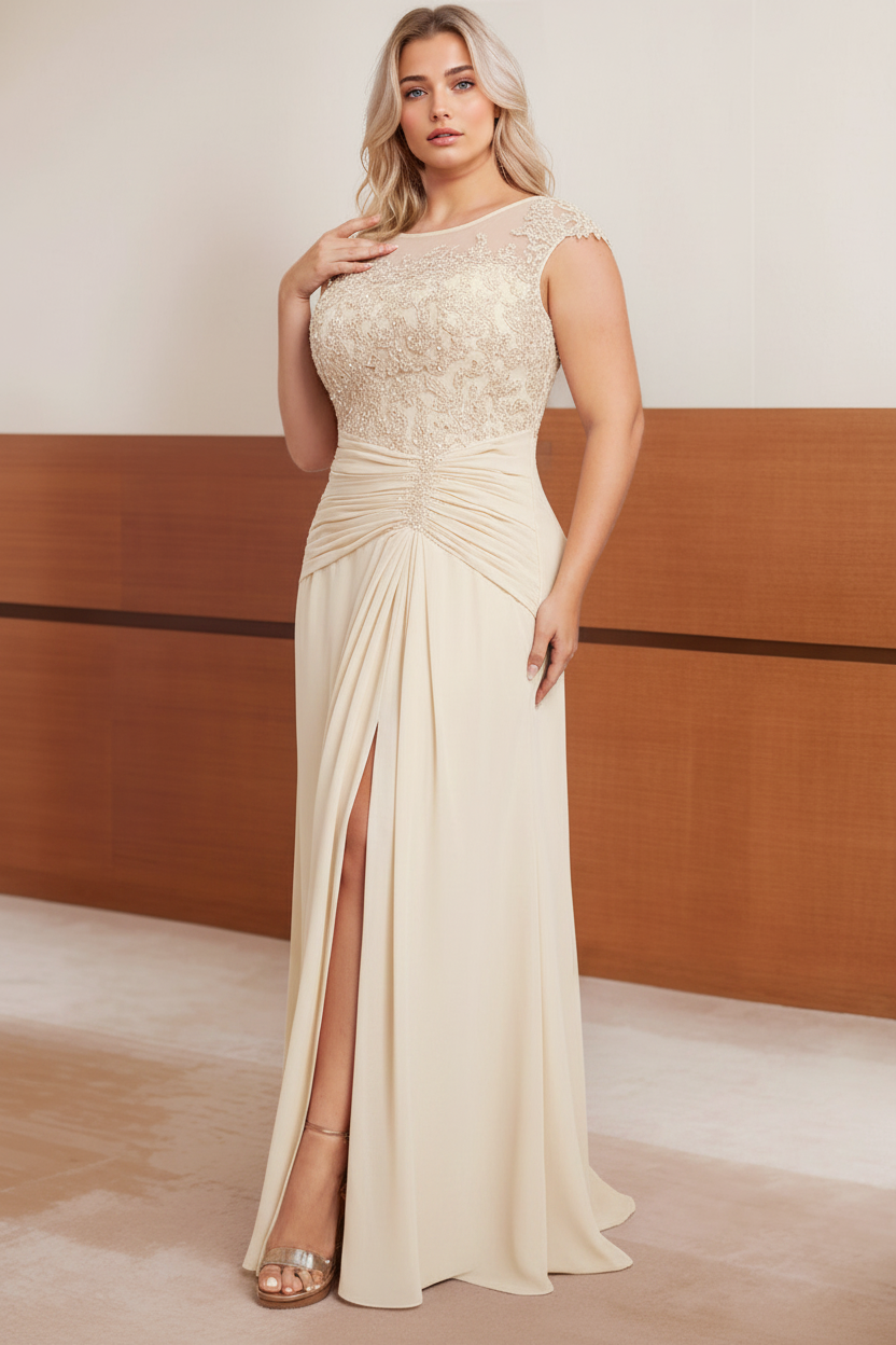 A-Line/Princess Scoop Cap sleeves Floor-Length Plus Size Mother of the Bride Dresses with Beading, Pleated & Sequins