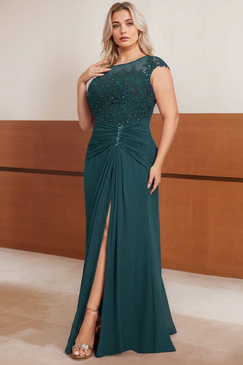 A-Line/Princess Scoop Cap sleeves Floor-Length Plus Size Mother of the Bride Dresses with Beading, Pleated & Sequins