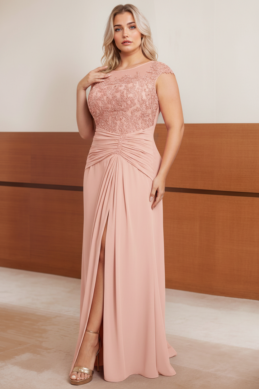 A-Line/Princess Scoop Cap sleeves Floor-Length Plus Size Mother of the Bride Dresses with Beading, Pleated & Sequins