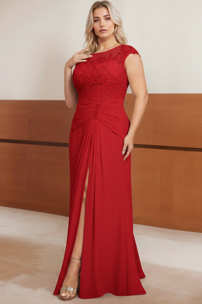 A-Line/Princess Scoop Cap sleeves Floor-Length Plus Size Mother of the Bride Dresses with Beading, Pleated & Sequins