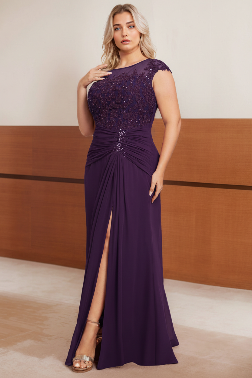 A-Line/Princess Scoop Cap sleeves Floor-Length Plus Size Mother of the Bride Dresses with Beading, Pleated & Sequins