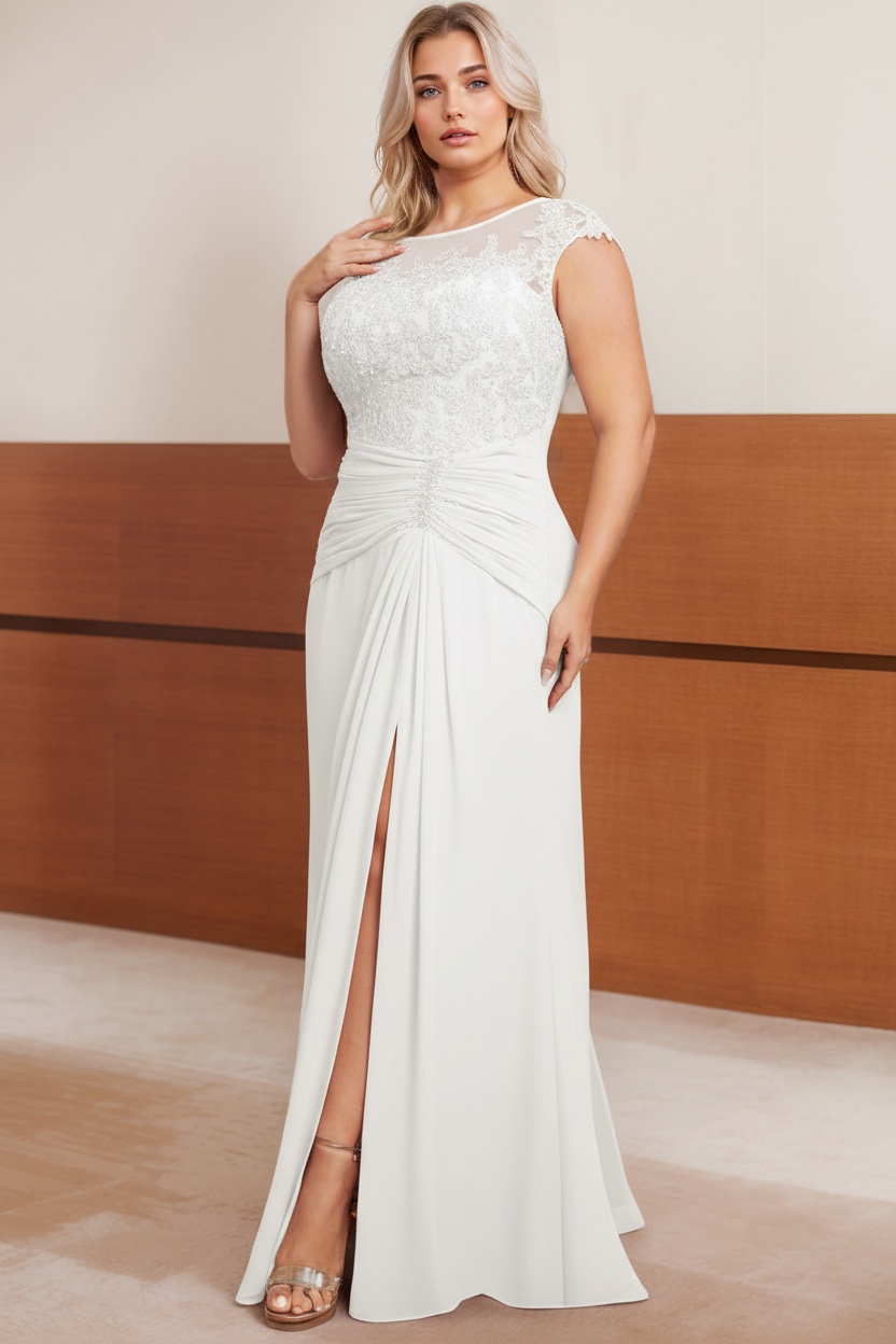 A-Line/Princess Scoop Cap sleeves Floor-Length Plus Size Mother of the Bride Dresses with Beading, Pleated & Sequins