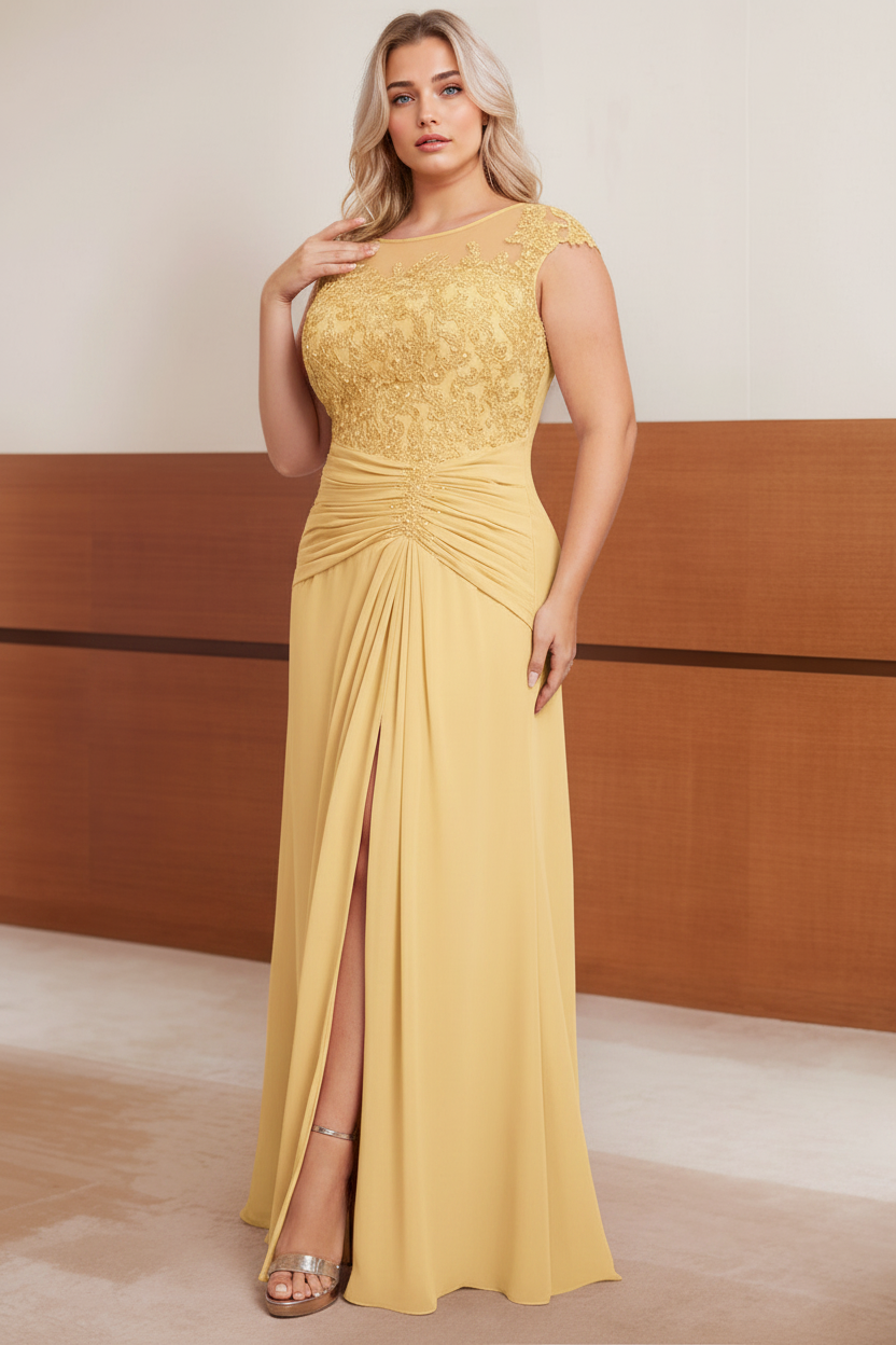 A-Line/Princess Scoop Cap sleeves Floor-Length Plus Size Mother of the Bride Dresses with Beading, Pleated & Sequins