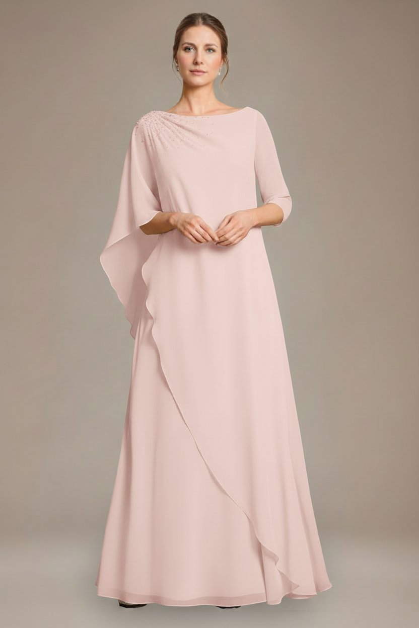 A-Line/Princess Scoop Cape Sleeves Floor-Length Pleated Mother of the Bride Dress with Beads & Ruffles