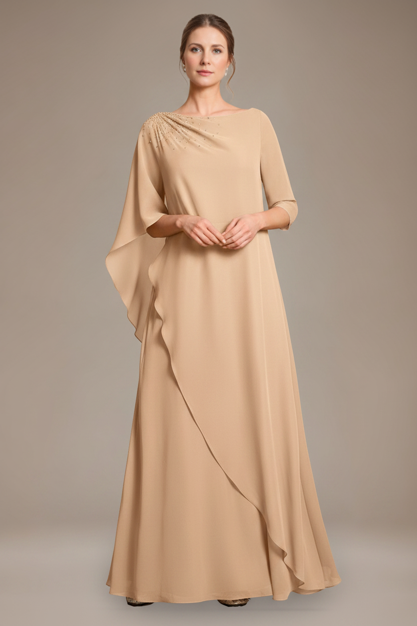 A-Line/Princess Scoop Cape Sleeves Floor-Length Pleated Mother of the Bride Dress with Beads & Ruffles