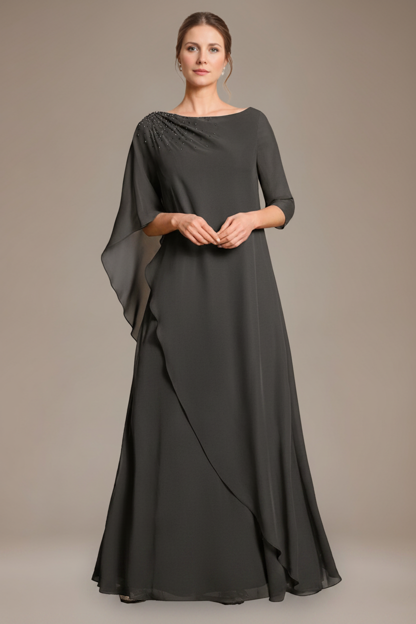 A-Line/Princess Scoop Cape Sleeves Floor-Length Pleated Mother of the Bride Dress with Beads & Ruffles