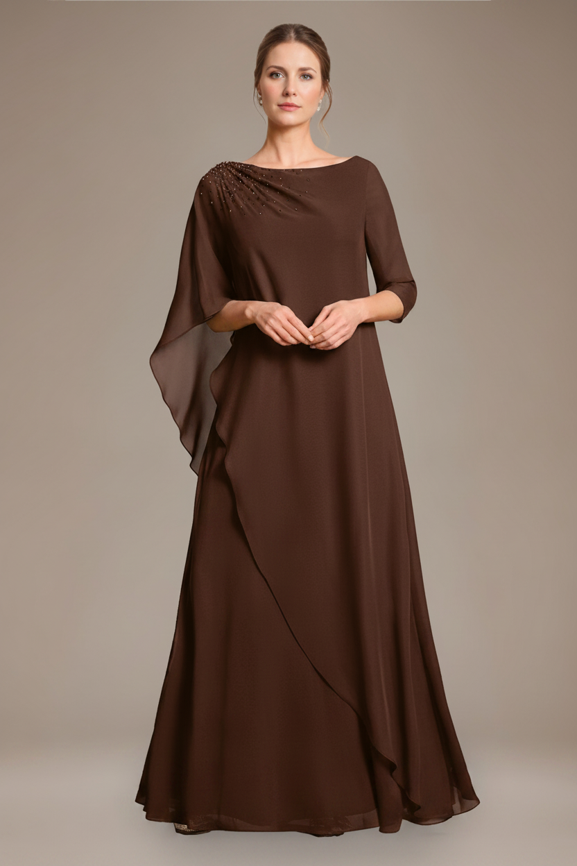 A-Line/Princess Scoop Cape Sleeves Floor-Length Pleated Mother of the Bride Dress with Beads & Ruffles