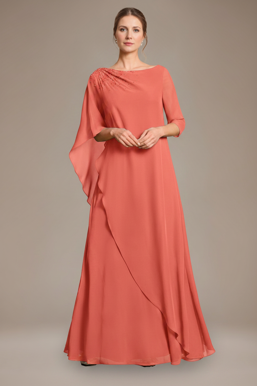 A-Line/Princess Scoop Cape Sleeves Floor-Length Pleated Mother of the Bride Dress with Beads & Ruffles