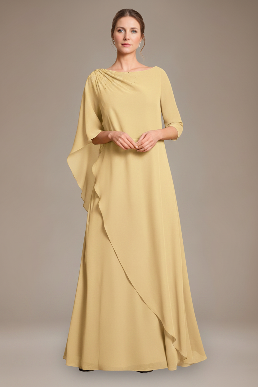 A-Line/Princess Scoop Cape Sleeves Floor-Length Pleated Mother of the Bride Dress with Beads & Ruffles