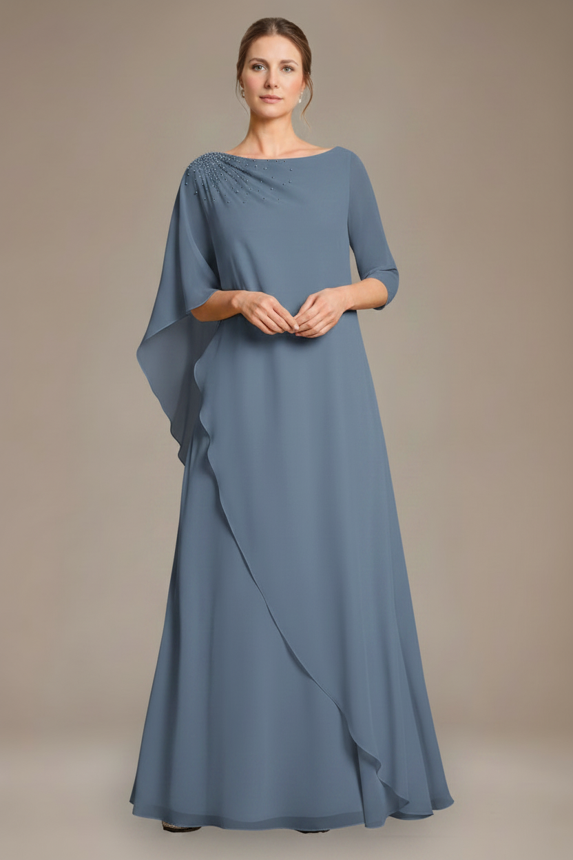 A-Line/Princess Scoop Cape Sleeves Floor-Length Pleated Mother of the Bride Dress with Beads & Ruffles