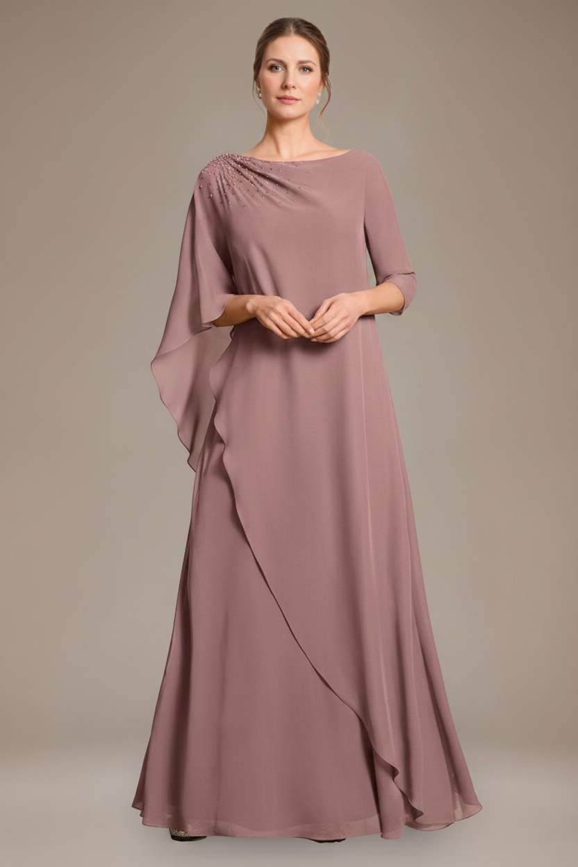 A-Line/Princess Scoop Cape Sleeves Floor-Length Pleated Mother of the Bride Dress with Beads & Ruffles