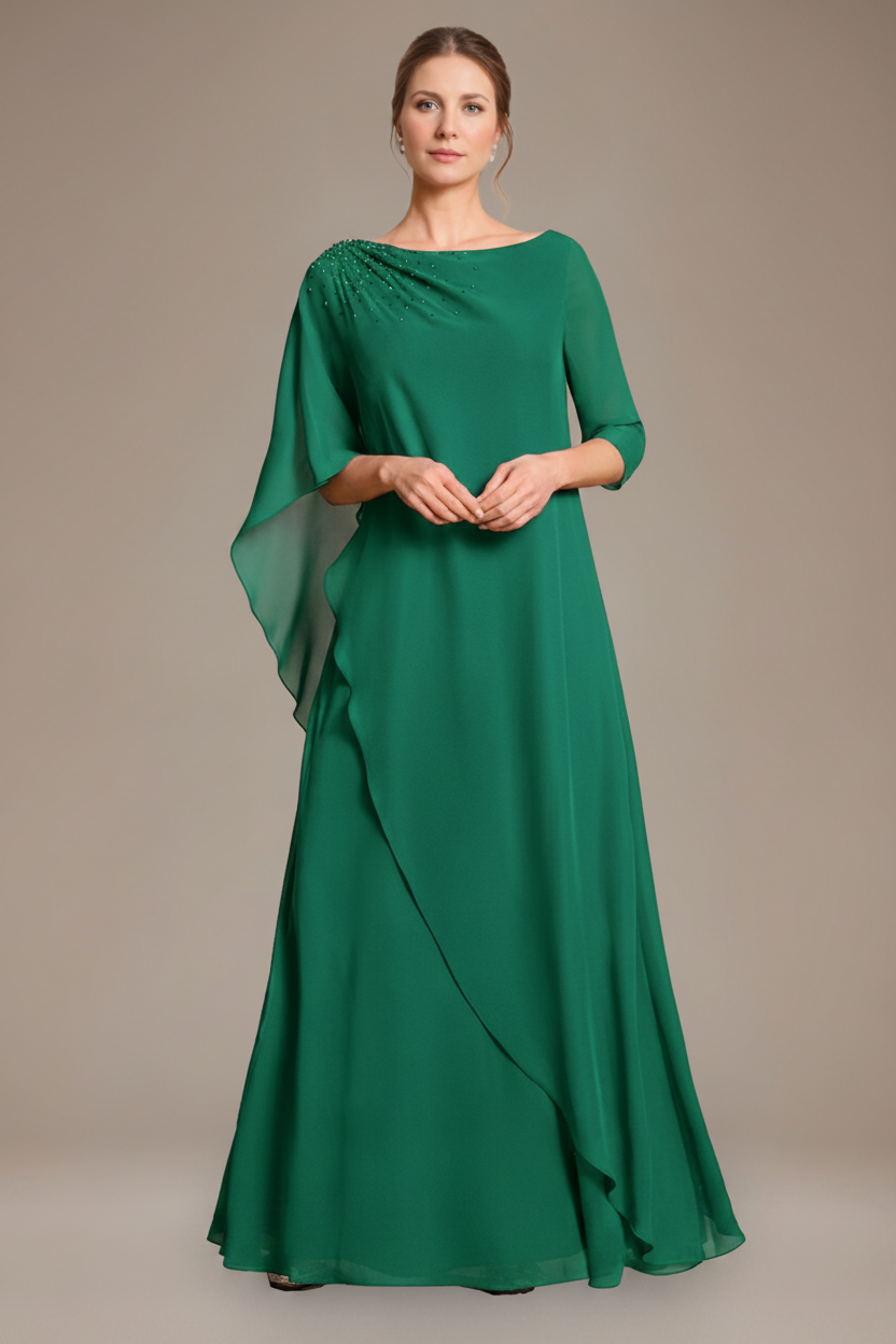 A-Line/Princess Scoop Cape Sleeves Floor-Length Pleated Mother of the Bride Dress with Beads & Ruffles
