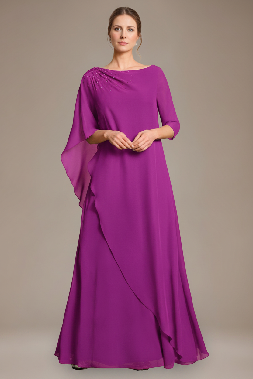 A-Line/Princess Scoop Cape Sleeves Floor-Length Pleated Mother of the Bride Dress with Beads & Ruffles