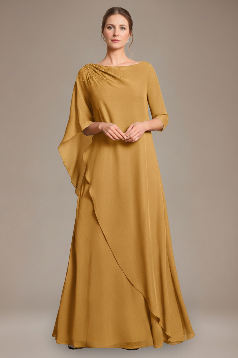 A-Line/Princess Scoop Cape Sleeves Floor-Length Pleated Mother of the Bride Dress with Beads & Ruffles