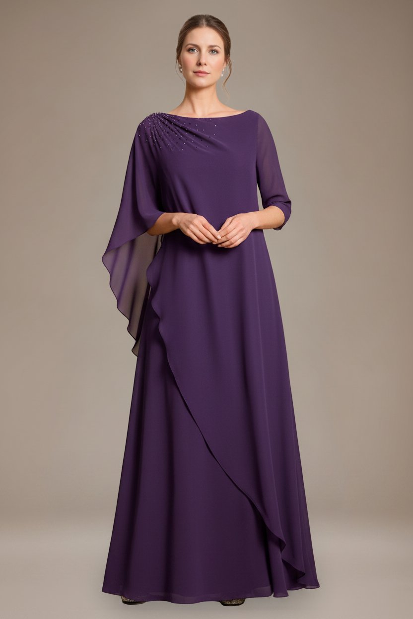 A-Line/Princess Scoop Cape Sleeves Floor-Length Pleated Mother of the Bride Dress with Beads & Ruffles