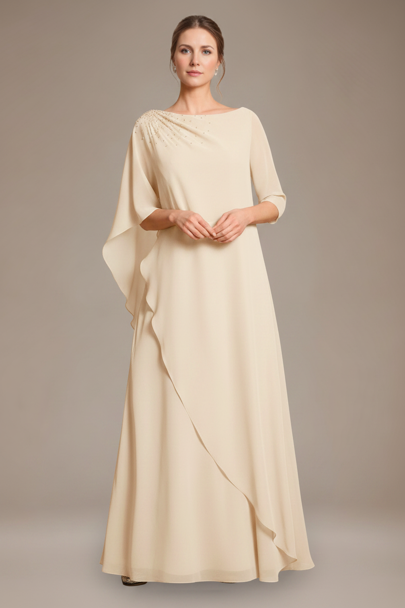 A-Line/Princess Scoop Cape Sleeves Floor-Length Pleated Mother of the Bride Dress with Beads & Ruffles