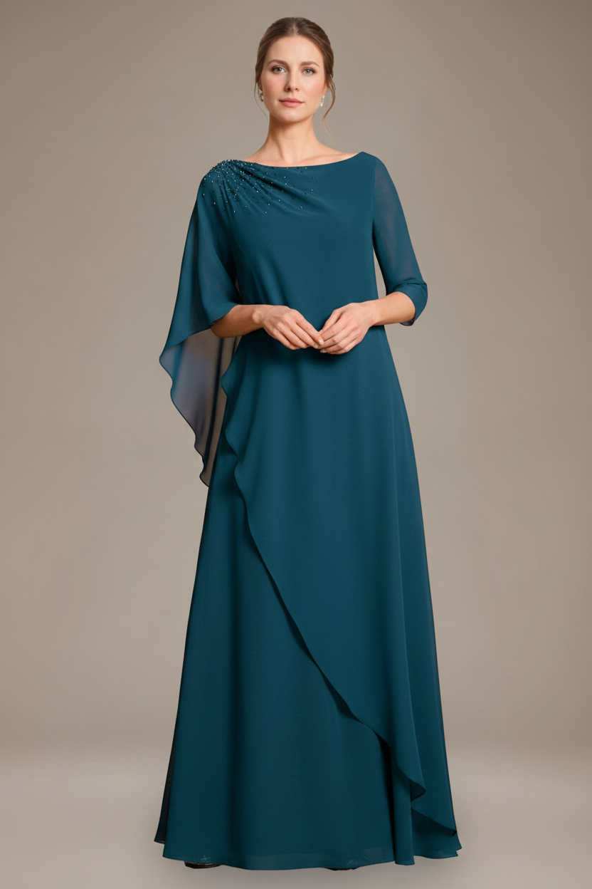 A-Line/Princess Scoop Cape Sleeves Floor-Length Pleated Mother of the Bride Dress with Beads & Ruffles